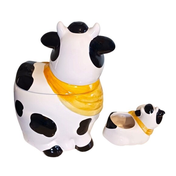 VTG Ceramic COW Novelty Cookie Jar Canister & Baby Cow Planter Set Farmhouse - Picture 4 of 8